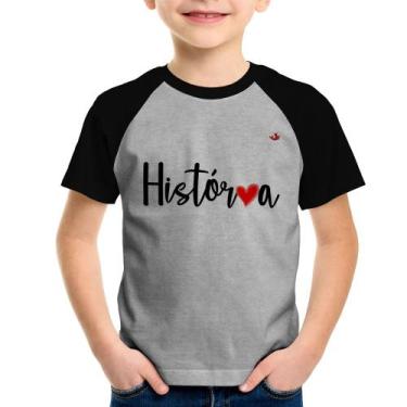 Imagem de Camiseta Raglan Infantil História por amor - Foca na Moda, Cinza, Pret