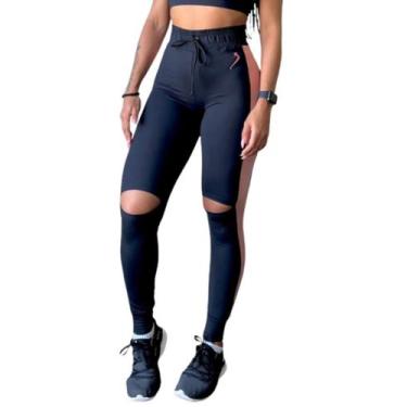 Imagem de Legging Fitness Slit Faixa Rosa Lateral Drisheer, Preto, P