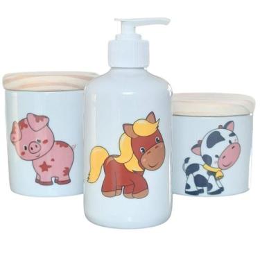 Imagem de Kit higiene bebê Fazendinha 3 peças - potes e porta álcool - Peças Por