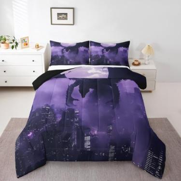 Imagem de Feelyou Conjunto de cama solteiro com dragão e dinossauro, ultramacio, 3D, construção urbana, roxo, preto