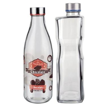 Imagem de Kit 2 Garrafa De Vidro 1L E 950ml Tampa Aço Inox Leite Água Suco Euro 