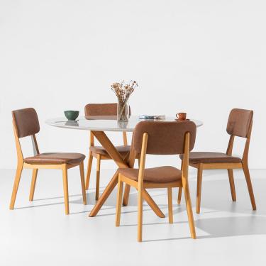 Imagem de Conjunto Mesa de Jantar Thai Redonda Off White com 4 Cadeiras Lalá Cognac - 1,20m