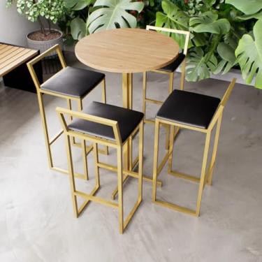 Imagem de Jogo Mesa Alta Bistrô Redonda Pinus 4 Banquetas Estofado Industrial Dourado (Preto)