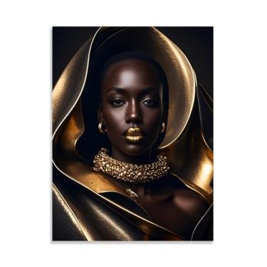 Imagem de Cavnas Africano Americano Arte de Parede Mulher Negra com Colar Emoldurado Pintura Mulher Poster Imagem para Menina Presente Quarto Sala de Estar 40 x 30 cm (16 x 12 pol) Sem Moldura