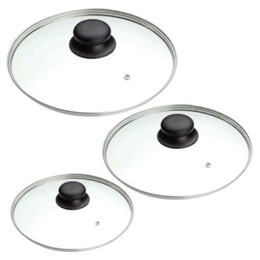 Imagem de Kit 3 Tampas de vidro 28, 28 e 26cm temperado para panelas e frigideiras (Pomel de Baquelite preto)