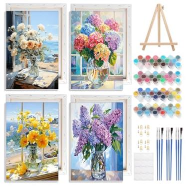 Imagem de GHHKUD 4 pacotes de pintura emoldurada por números vasos flores para adultos e crianças, DIY pintura fácil de flores de janela por números com suporte de madeira para moldura, arte em tela, presentes