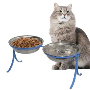 Imagem de Comedouro Alto Pet Inox para Gatos Duplo Ração Agua Azul - Gastrobel