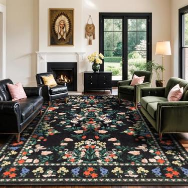 Imagem de Tapetes florais laváveis, tapetes de área de 20 x 25 cm para sala de estar, botânico, vintage, grande, macio, tapete escuro, antiderrapante, boho, floresta para quarto, berçário, casa de fazenda, sala