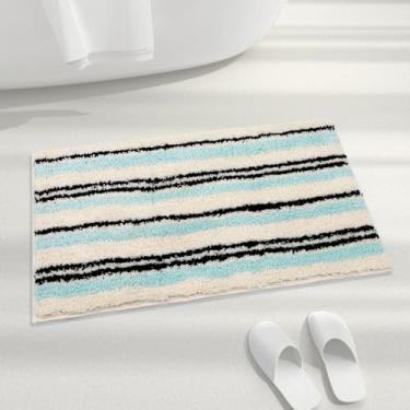 Imagem de Tapete de banheiro listrado azul-petróleo antiderrapante, tapete de banho de microfibra absorvente fofo lavável, tapete de banheiro fofo para pia, banheira e chuveiro, 61 cm x 40 cm