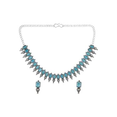 Imagem de Efulgenz Conjuntos de colar de joias indianas oxidadas verde antigo boho falso pérola colar de pedra de cristal com brincos pendurados, gargantilha, conjunto de brincos indiano oxidado joias boêmias conjunto de joias para mulheres, Metal, não conhecido