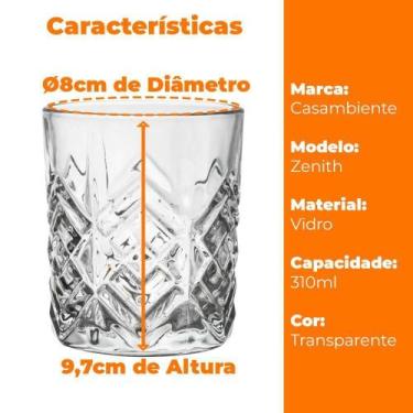Imagem de Jogo Copos Vidro Whisky Zenith Transparente 310Ml 6 Peças - Casambient