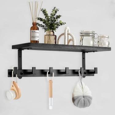 Imagem de Vanloory Cabideiro montado na parede com prateleira, ganchos de parede resistentes com prateleiras de madeira, ganchos de casaco para pendurar roupas, chapéus, bolsa de toalha, prateleiras de entrada