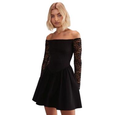 Imagem de NASTY GAL Minivestido feminino de renda e manga comprida com bainha de tule, Preto, M