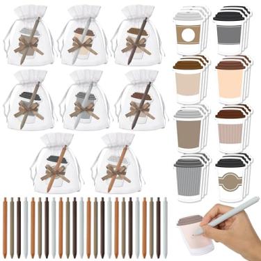 Imagem de Xqumoi Conjunto de notas adesivas para xícara de café com caneta, conjunto de 24 blocos autoadesivos de café, canetas esferográficas de gel com bolsa de malha, lembrancinhas de festa de aniversário