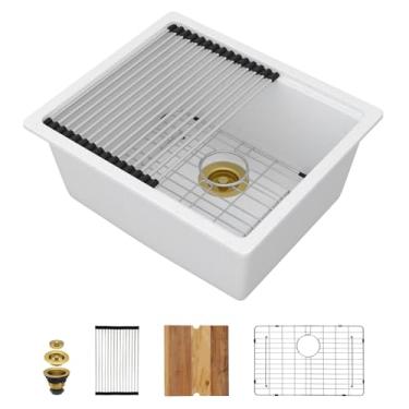 Imagem de Talllor 53,3 cm x 45,7 cm Undermount Wet Bar Sink Workstation - Quartzo composto de granito branco clássico tigela única sob balcão pequena preparação de cozinha Rv pia de cozinha #TLGU-128