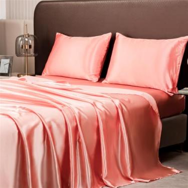 Imagem de XLCZMYL Conjunto de lençol e fronha de cetim de cor sólida, conjunto de cama luxuoso com brilho sedoso, tamanho solteiro/casal/queen/king, 01, King 3 peças