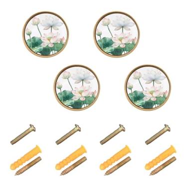 Imagem de Burbuja Puxadores de armário de cozinha Lotus Flowers, pacote com 4, puxadores redondos de 3,5 cm, puxadores de cômoda com parafusos para armários de cozinha, quarto, armário