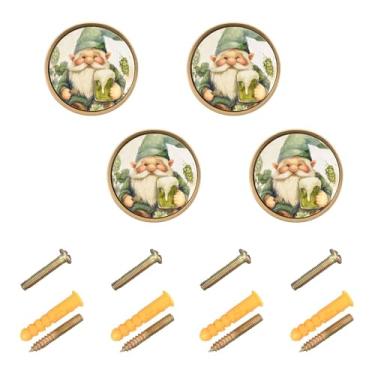 Imagem de Burbuja Puxadores de armário de cozinha de cerveja St. Patrick Gnomo, pacote com 4, puxadores redondos de 3,5 cm, puxadores de cômoda com parafusos para armários de cozinha, quarto, armário