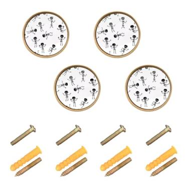 Imagem de Burbuja Puxadores de armário de cozinha de esqueletos de desenho animado, pacote com 4, puxadores redondos de 3,5 cm, puxadores de cômoda com parafusos para armários de cozinha, quarto, armário