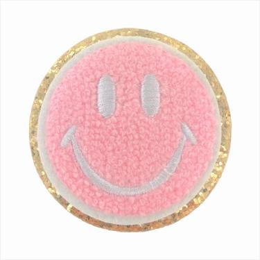 Imagem de Adesivos de iniciais universitários Gold Glitters & Pink Chenille com glitter, adesivo para passar a ferro, 7 cm de altura (sorridente)