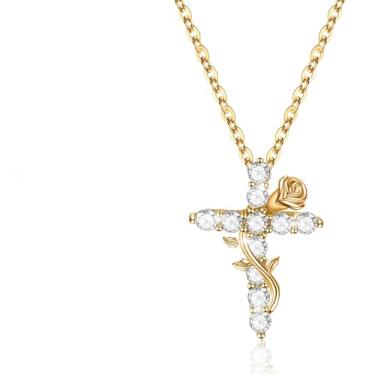 Imagem de Presentes cristãos religiosos para mulheres, presentes de Natal para mãe, irmã, colar com cruz para mulheres com batismo de rosa, comunhão católica, colar banhado a ouro 14 k para filha, neta