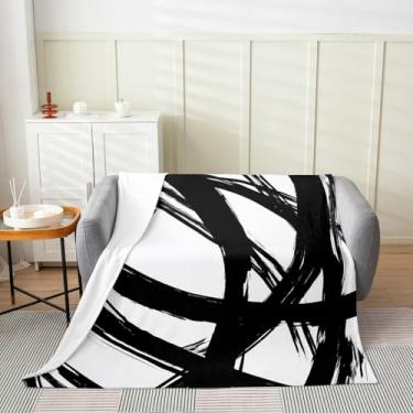 Imagem de Cobertor Abstarct preto e branco 102 x 127 cm para mulheres adultas e homens, cobertor geométrico listrado geométrico para minimalistas, cobertores de flanela com linhas estéticas de graffiti