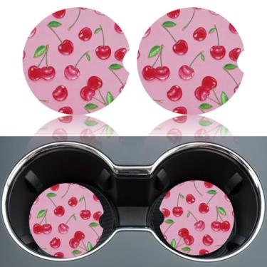 Imagem de Lednica Pacote com 2 porta-copos de carro de cereja para mulheres, porta-copos de carro, porta-copos absorventes de cerâmica antiderrapante de 6 cm com base de cortiça e entalhe de dedo, acessórios de