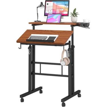 Imagem de Klvied Mesa de pé sobre rodas, mesa de computador portátil para escritório em casa, mesa com rodinhas para laptop com suporte de copo removível, carrinho de laptop ajustável para ficar em pé ou