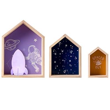 Imagem de Prateleiras flutuantes Suporte de parede pequeno em forma de casa, decoração de parede estilo cosmos, prateleira flutuante para quarto de meninos, ornamentos criativos, suporte de carga 7 kg (cor