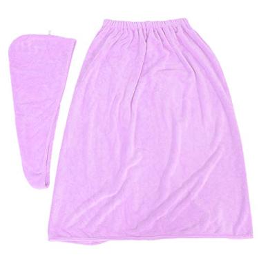 Imagem de CUOFYUNL Conjunto feminino de envoltório corporal, roupão de banho, touca de secagem de cabelo, toalha de banho de microfibra macia para salão de beleza (Roxo claro)