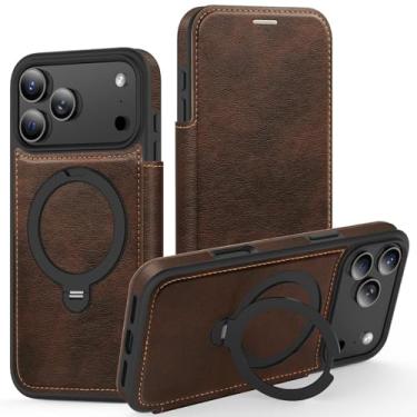 Imagem de Genérico Capa de couro com tampa de estilo empresarial para iPhone 17/17 Air/17 Pro/17 Pro MAX, suporte de anel giratório magnético e capa protetora à prova de impactos (Brass, 17)