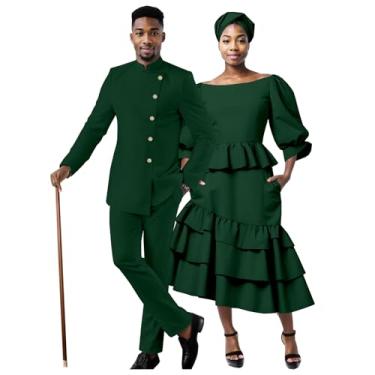 Imagem de Conjunto de blazer e calça combinando com roupas para casal, vestido e lenço de cabeça, Verde, XGG