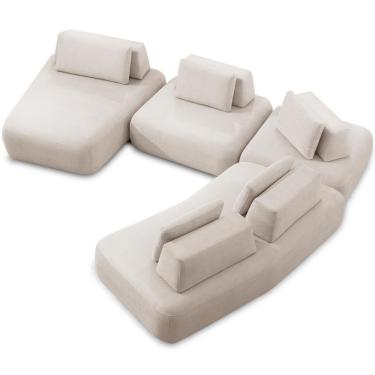 Imagem de Sofá De Canto Com Chaise Para Sala Living 330x325cm Shape T03 Veludo Bege - Lyam Decor