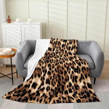 Imagem de Erosebridal Cobertor de flanela com estampa de leopardo preto marrom Queen 90x290 | Manta de pelúcia felpuda com estampa de chita para sofá africana animal selvagem cobertor de lã casa de fazenda