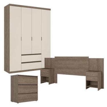 Imagem de Guarda Roupa Solteiro Nobre 4 Portas Rustic Off White Com Cômoda Gaveteiro Condessa E Cabeceira Formosa Rustic - Thb