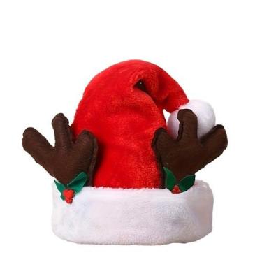 Imagem de Chapéu de Papai Noel vermelho com chifres de rena e folhas de azevinho