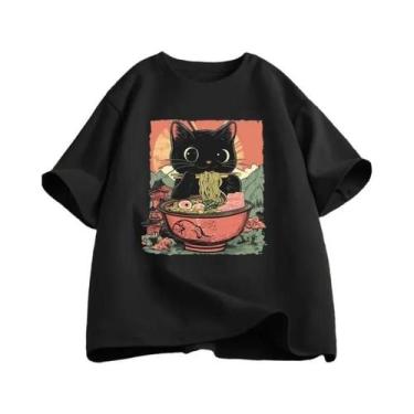 Imagem de Camiseta Casual Feminina De Manga Curta Com Estampa De Gato Preto Fofo