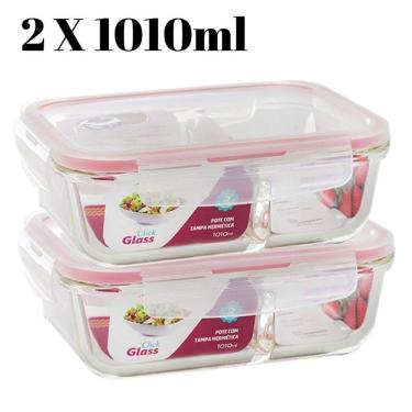 Imagem de 2 Potes Vidro Hermético Divisória Mantimentos 1010ml Marmita