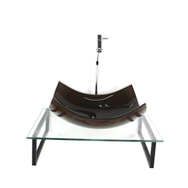 Imagem de KIT CUBA DE VIDRO RETANGULAR 10MM MARROM COM TAMPO 50CM INCOLOR E SUPORTE PRETO