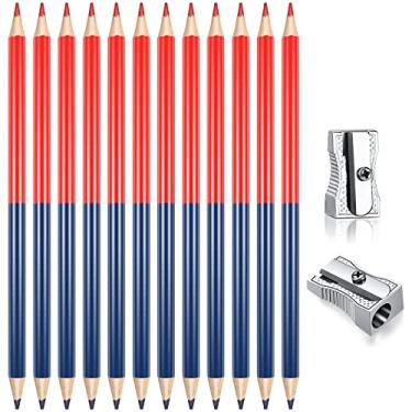 Imagem de 12 peças de lápis de cor apagáveis pré-afiados lápis de grau vermelho e azul lápis de arte duplo de cor com 2 peças de apontador de lápis de metal para verificar testes de colorir de mapas
