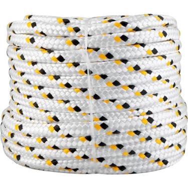Imagem de Vonder, Corda Multifilamento Trançada 16,0 Mm X 50 M, Branca Com Detalhes Em Preto E Amarelo.