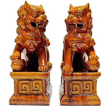 Imagem de Escultura de decoração para casa enfeita um par de cães Fu Foo, estátuas tradicionais de leão guardião chinês com acabamento em pedra, decoração de Feng Shui para colocação interna e externa