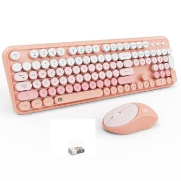 Imagem de Combo de teclado e mouse sem fio, 105 teclas redondas de tamanho completo, teclado e mouse sem fio rosa colorido com máquina de escrever retrô para PC/Mac/Laptop/Tablet/Computador/Windows Rosa