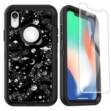 Imagem de OTTARTAKS Capa compatível com iPhone XR com protetor de tela, capa protetora de 3 camadas à prova de choque de corpo inteiro Black Star Space para iPhone XR Boys Men Black Shockproof 3 camadas