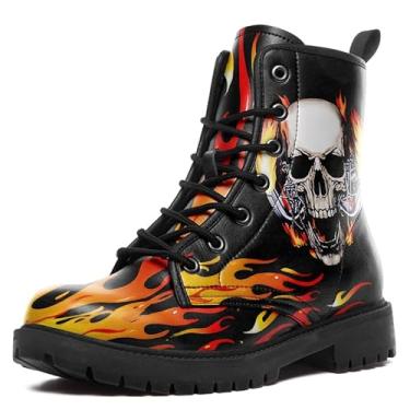 Imagem de coolcustomize Botas de combate masculinas femininas modernas com cadarço crânio rosa tornozelo salto grosso plataforma botas de trabalho de couro, Preto 2, 10 Women/8.5 Men