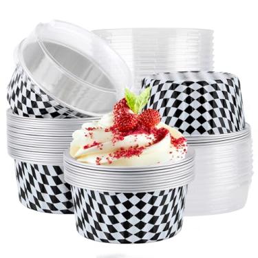 Imagem de EUSOAR Ramequins descartáveis, 25 peças de forros de muffin de 142 g com tampas moldes de pudim de creme, recipientes de pão para pão, formas de folha para creme brulee pudim cheesecake sobremesa