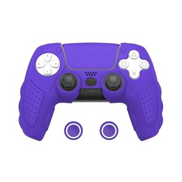 Imagem de IINE Capa para controle PS5, capa de silicone antiderrapante compatível com controlador PS5 Dual Sense com 2 tampas de aperto de polegar/adesivo touch pad, capa protetora para controle PS5 (roxa)