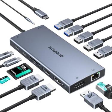 Imagem de ZMUIPNG Estação de ancoragem USB C para laptop com 2 HDMI 4K @60Hz+DP 8K @30Hz 15 em 1 hub USB C com vários adaptadores com porta USB A + botão + PD+Ethernet + SD/TF+áudio para Dell HP Thinkpad
