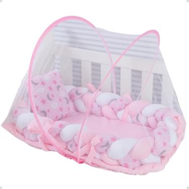 Imagem de Mosquiteiro Tule Elástico Com Ninho Redutor Berço Portátil (Rosa - Estrela Lua)