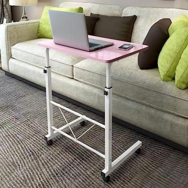 Imagem de Mesa lateral de sofá móvel altura ajustável mesa portátil computador portátil com rodas mesa de canto para sala de estar quarto (cor: preto) (rosa)